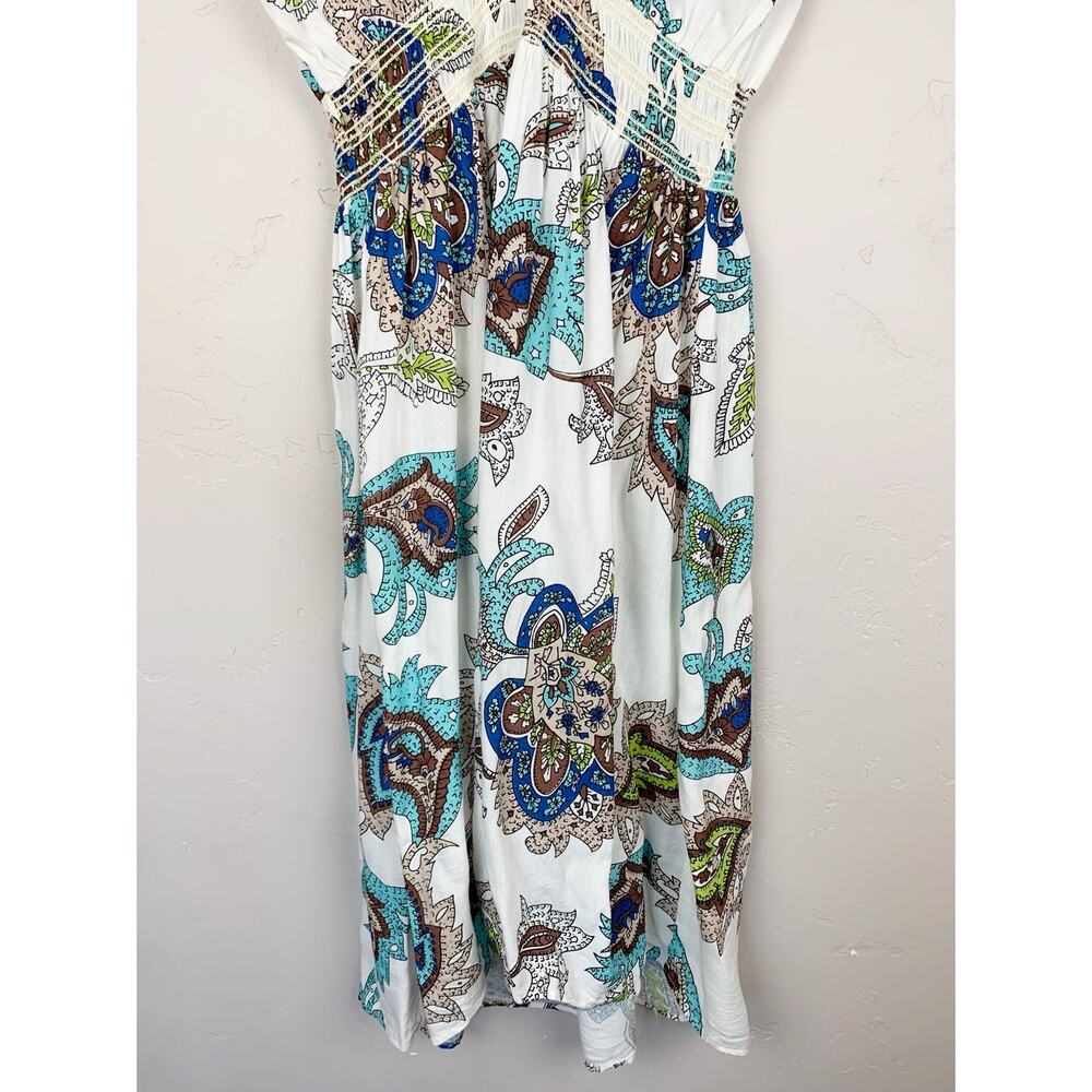Overdrive Floral Boho Dress Smocked White Blue Short Sleeve Women's M - Picture 5 of 8